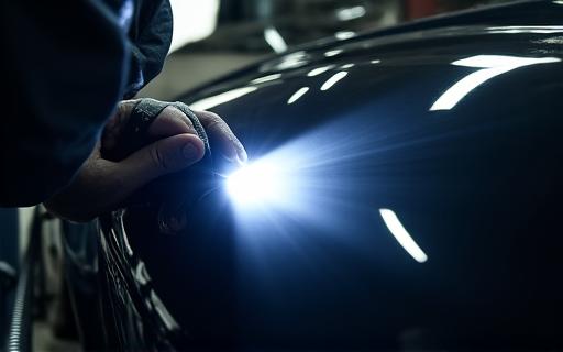 最終検査でライトを当ててボディの輝きを確認するディテイラー